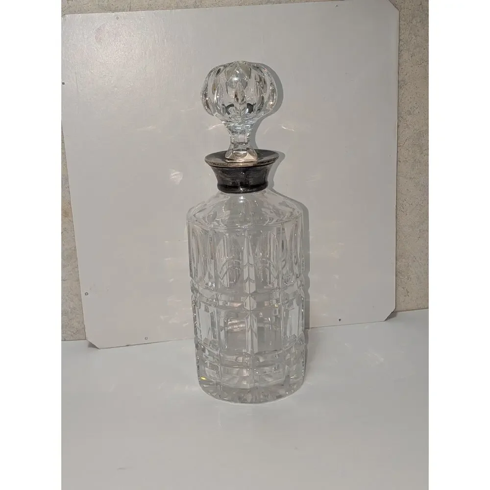 VTG 60s Roberts & Dore 925 Sterling Silver Rim Cut Crystal Decanter